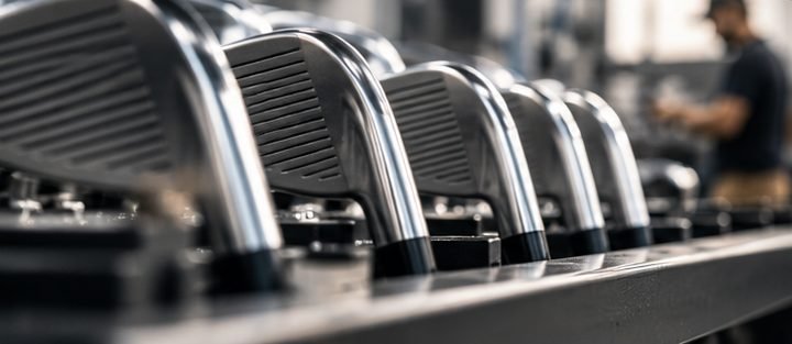 Línea de cabezas de palos de golf en proceso dentro de la planta